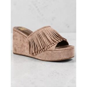 Madden NYC Fringe Platform Wedge Slides Taupe Size 6 New NWT